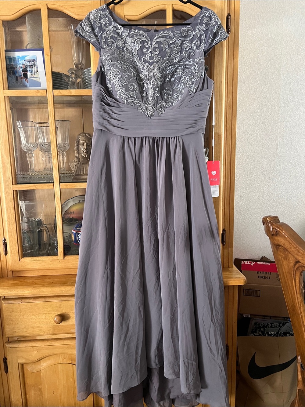 JJs House Gray Beaded Chiffon High-Low Evening Gown